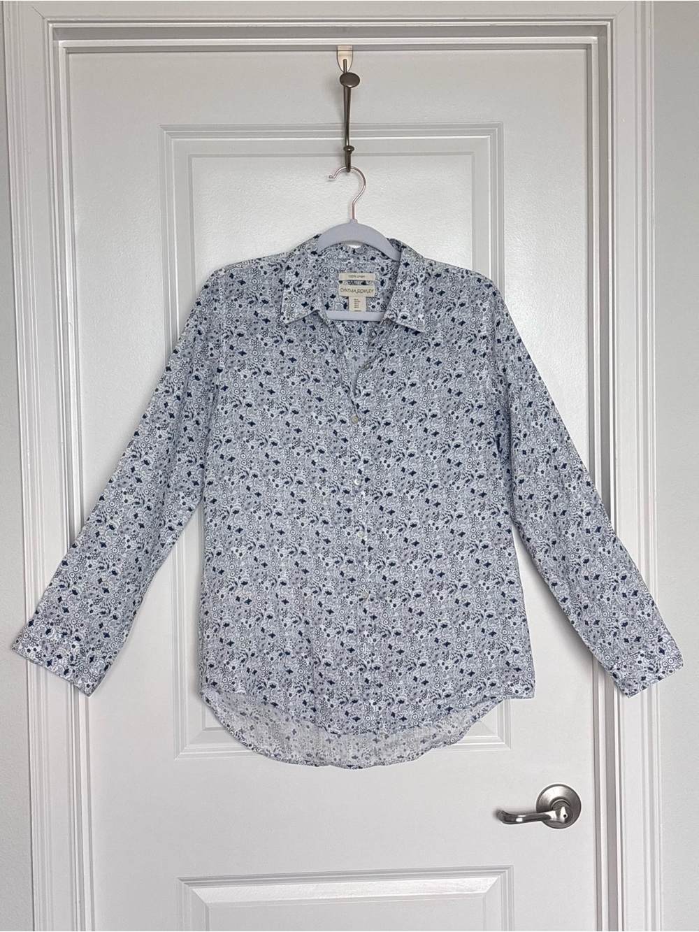 Cynthia Rowley 100% Linen Button Down Shirt Blue White Coastal Cottagecore S